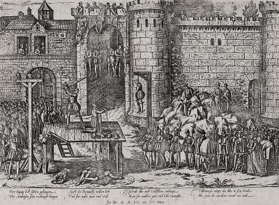 1560 - Execution des conjurés d'Amboise (le parti réformé avait projeté l'enlevement du jeune roi Francois II), gravure d'après Tortorel et Perrissin de 1585