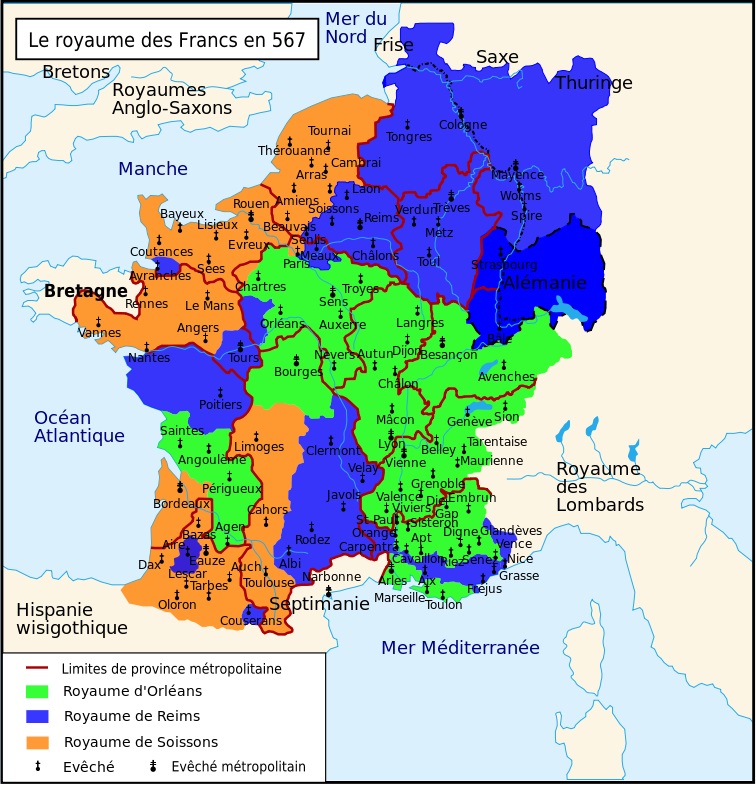 Le royaume des Francs en 567 apres la division du royaume de Paris